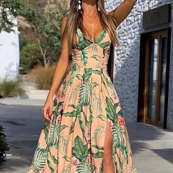 Multicolor Boho Women's Tropical Print Striped High Slit Spaghetti Strap Dress - Picture 1 of 3